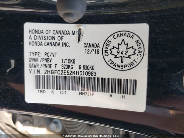 Продажа на аукционе авто 2019 Honda Civic Lx, vin: 2HGFC2E52KH010983, номер лота: 12646190
