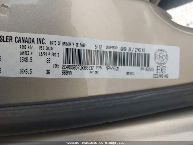 Aukcja sprzedaży 2012 Dodge Grand Caravan Se, vin: 2C4RDGBG7CR388837, numer aukcji: 12646200