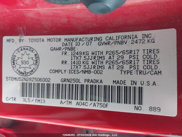 Продаж на аукціоні авто 2008 Toyota Tacoma V6, vin: 5TEMU52N28Z506002, номер лоту: 12646202