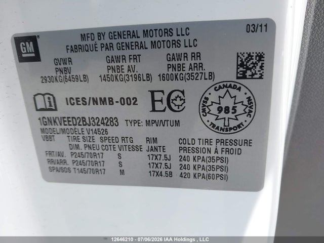 Aukcja sprzedaży 2011 Chevrolet Traverse 1ls, vin: 1GNKVEED2BJ324283, numer aukcji: 12646210
