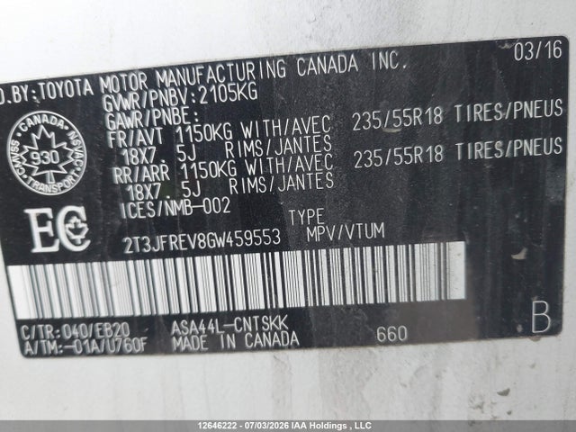 2T3JFREV8GW459553 Toyota RAV4 SE