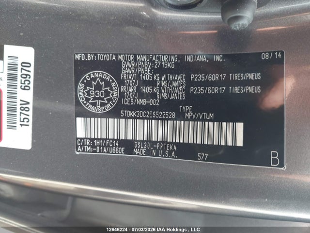 Aukcja sprzedaży 2014 Toyota Sienna Le, vin: 5TDKK3DC2ES522528, numer aukcji: 12646224