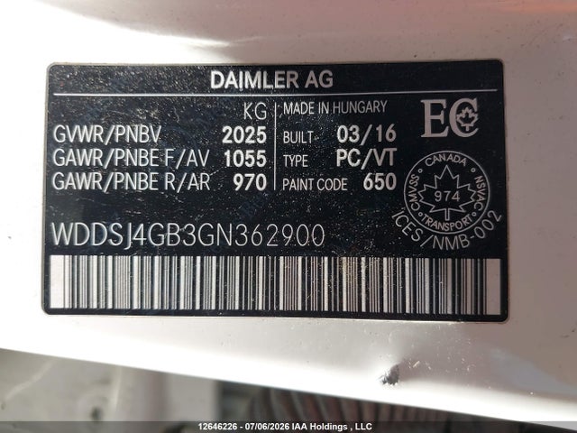 12646226 :رقم المزاد ، WDDSJ4GB3GN362900 vin ، 2016 Mercedes-benz Cla 250 4matic مزاد بيع