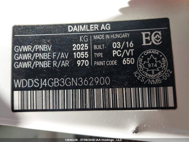 12646226 :رقم المزاد ، WDDSJ4GB3GN362900 vin ، 2016 Mercedes-benz Cla 250 4matic مزاد بيع