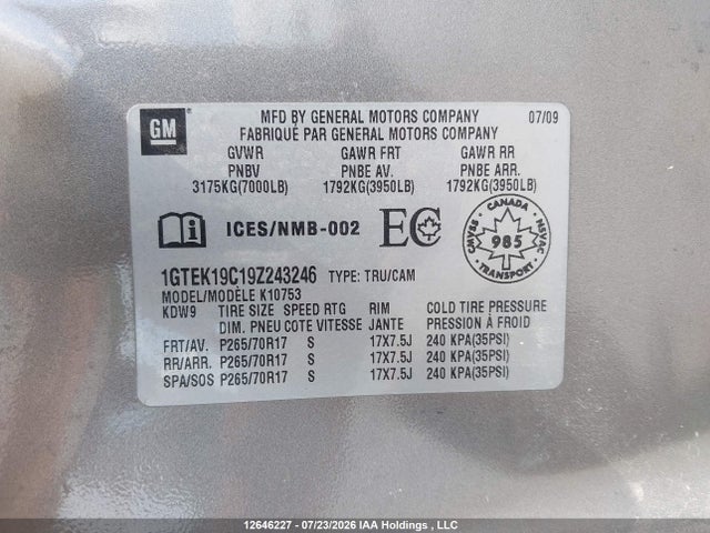 12646227 :رقم المزاد ، 1GTEK19C19Z243246 vin ، 2009 Gmc Sierra 1500 Sl/sle/wt مزاد بيع