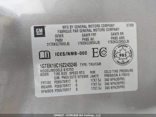 12646227 :رقم المزاد ، 1GTEK19C19Z243246 vin ، 2009 Gmc Sierra 1500 Sl/sle/wt مزاد بيع