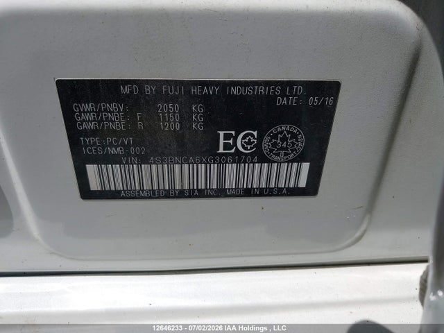 Продаж на аукціоні авто 2016 Subaru Legacy 2.5i, vin: 4S3BNCA6XG3061704, номер лоту: 12646233