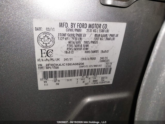 12635637 :رقم المزاد ، 2FMDK4JC1BBA98206 vin ، 2011 Ford Edge Sel مزاد بيع