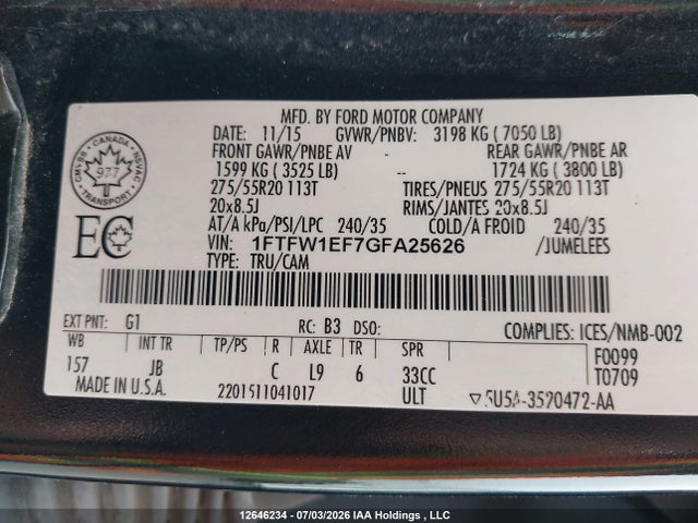 12646234 :رقم المزاد ، 1FTFW1EF7GFA25626 vin ، 2016 Ford F-150 King Ranch/lariat/platinum/xlt مزاد بيع