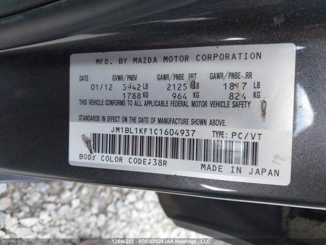 Aukcja sprzedaży 2012 Mazda Mazda3 Gx, vin: JM1BL1KF1C1604937, numer aukcji: 12646237