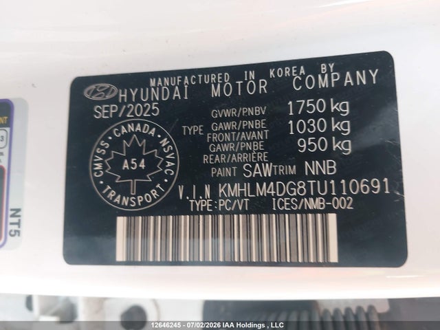 Продажа на аукционе авто 2026 Hyundai Elantra Essential, vin: KMHLM4DG8TU110691, номер лота: 12646245