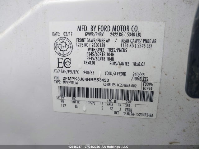 12646247 :رقم المزاد ، 2FMPK3J84HBB53453 vin ، 2017 Ford Edge Sel مزاد بيع