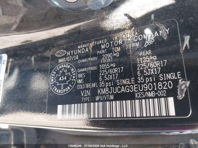 2014 Hyundai Tucson Gls/limited/se მანქანა იყიდება აუქციონზე, vin: KM8JUCAG3EU901820, აუქციონის ნომერი: 12646249