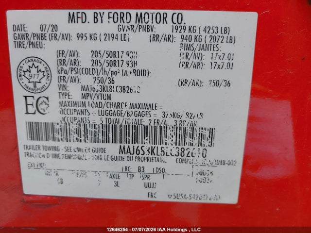 12646254 :رقم المزاد ، MAJ6S3KL8LC382610 vin ، 2020 Ford Ecosport Titanium مزاد بيع