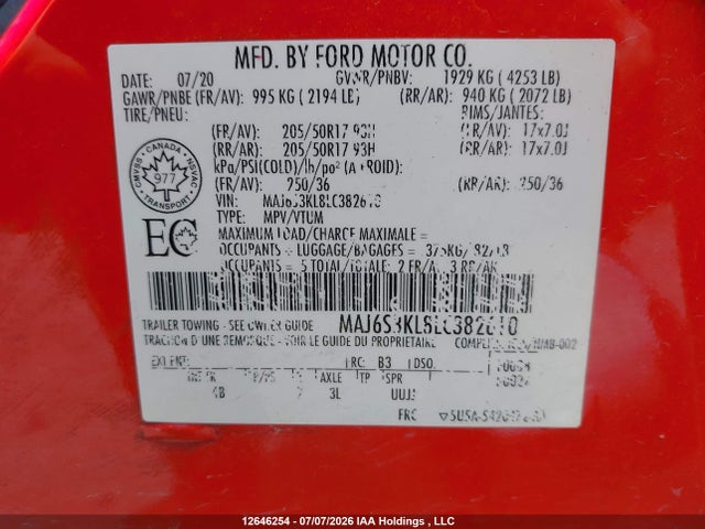 12646254 :رقم المزاد ، MAJ6S3KL8LC382610 vin ، 2020 Ford Ecosport Titanium مزاد بيع