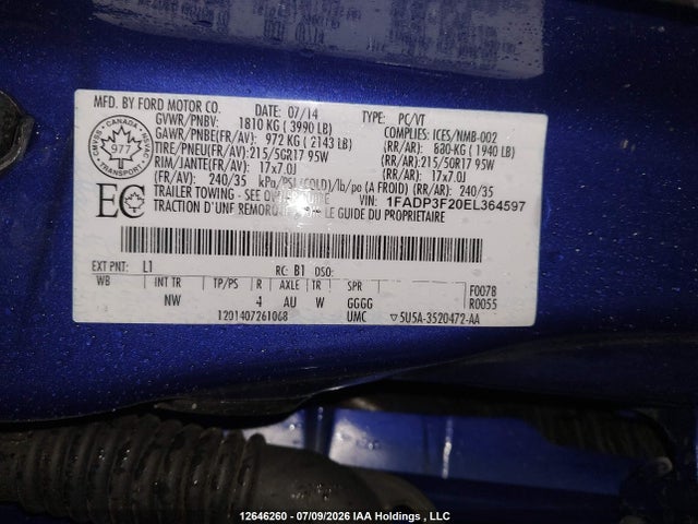 12646260 :رقم المزاد ، 1FADP3F20EL364597 vin ، 2014 Ford Focus Se مزاد بيع