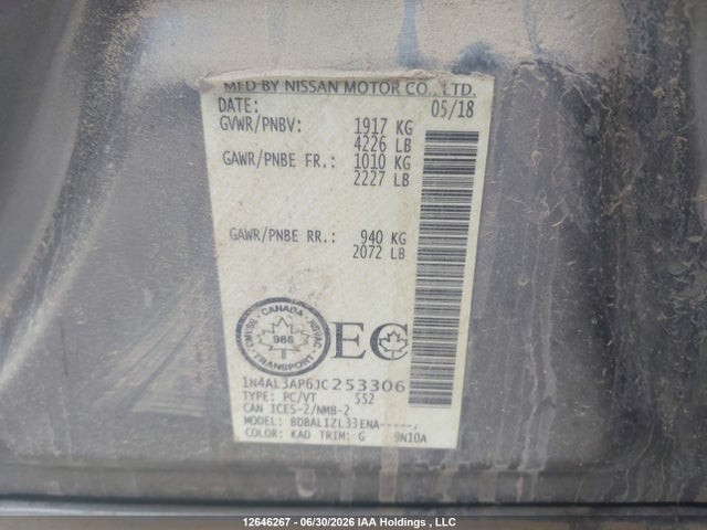 1N4AL3AP6JC253306 Nissan Altima 2.5 S/2.5 Sl Tech/2.5 Sv
