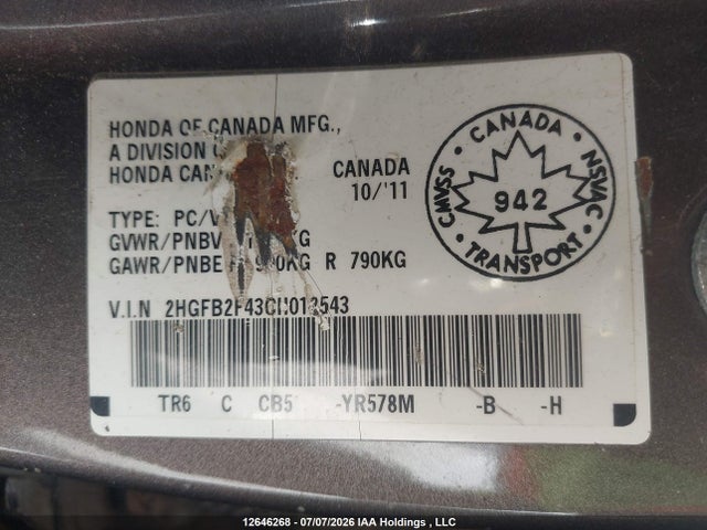 2012 Honda Civic Lx მანქანა იყიდება აუქციონზე, vin: 2HGFB2F43CH012543, აუქციონის ნომერი: 12646268