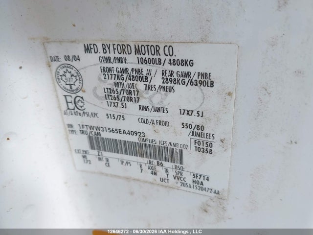 12646272 :رقم المزاد ، 1FTWW31565EA40923 vin ، 2005 Ford F350 Srw Super Duty مزاد بيع