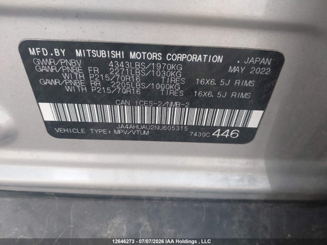 Продажа на аукционе авто 2022 Mitsubishi Rvr Es/se, vin: JA4AHUAU2NU605315, номер лота: 12646273