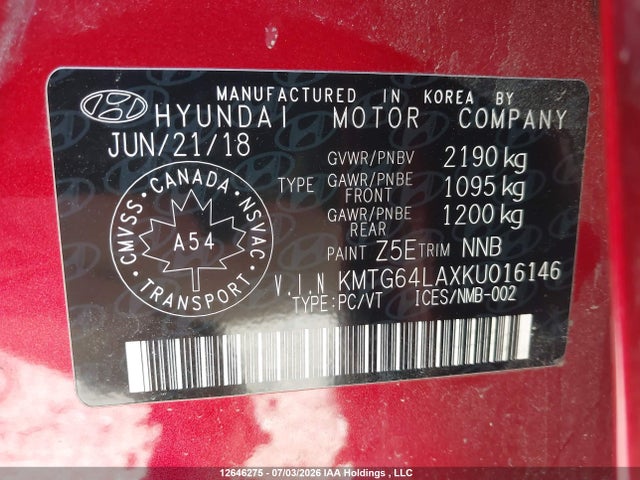 12646275 :رقم المزاد ، KMTG64LAXKU016146 vin ، 2019 Genesis G70 2.0t Elite مزاد بيع