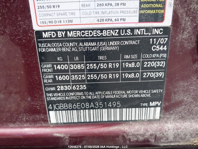 12646276 :رقم المزاد ، 4JGBB86E08A351495 vin ، 2008 Mercedes-benz Ml 350 مزاد بيع