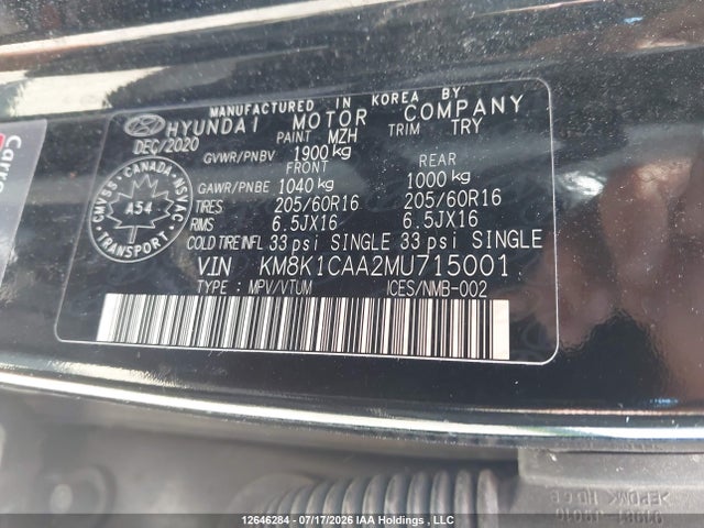 12646284 :رقم المزاد ، KM8K1CAA2MU715001 vin ، 2021 Hyundai Kona Se مزاد بيع