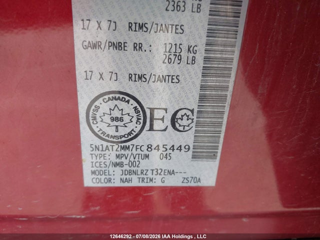 Aukcja sprzedaży 2015 Nissan Rogue S/sl/sv, vin: 5N1AT2MM7FC845449, numer aukcji: 12646292