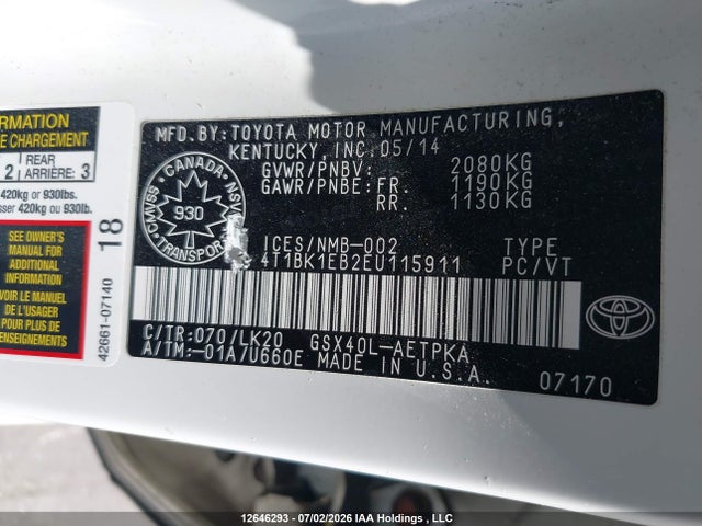 2014 Toyota Avalon Premium/touring/limited მანქანა იყიდება აუქციონზე, vin: 4T1BK1EB2EU115911, აუქციონის ნომერი: 12646293