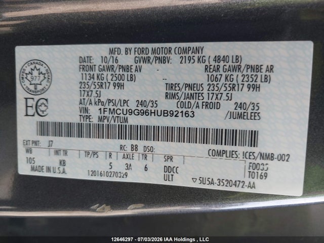 Продажа на аукционе авто 2017 Ford Escape Se, vin: 1FMCU9G96HUB92163, номер лота: 12646297