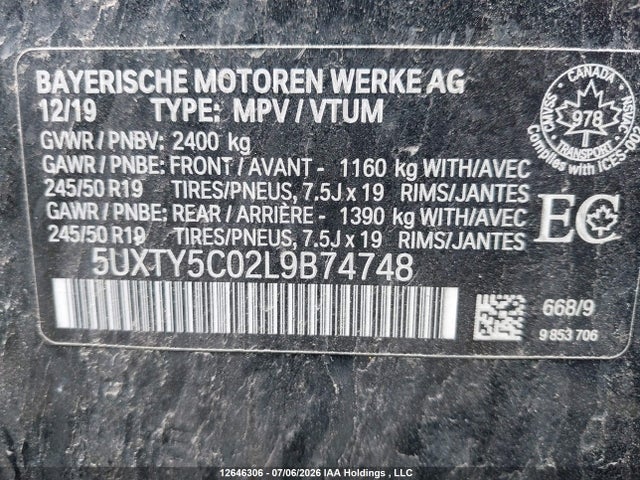 Aukcja sprzedaży 2020 Bmw X3 Xdrive30i, vin: 5UXTY5C02L9B74748, numer aukcji: 12646306