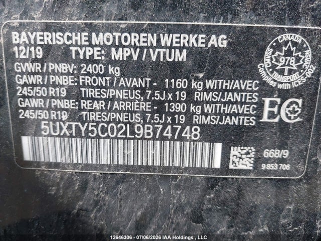 Aukcja sprzedaży 2020 Bmw X3 Xdrive30i, vin: 5UXTY5C02L9B74748, numer aukcji: 12646306