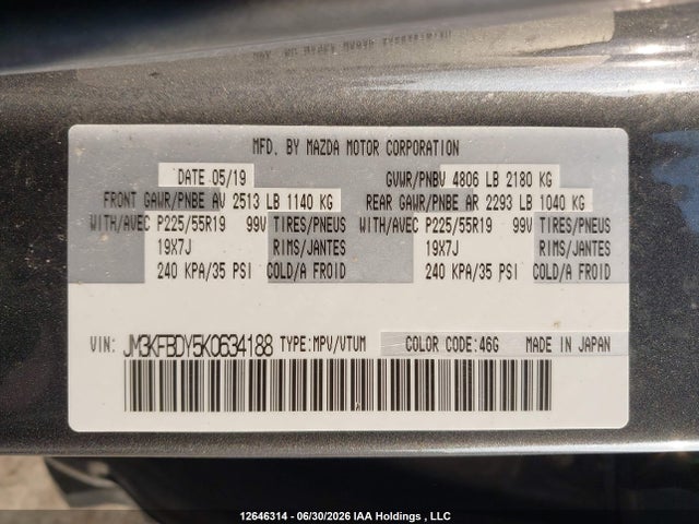 12646314 :رقم المزاد ، JM3KFBDY5K0634188 vin ، 2019 Mazda Cx-5 Gt W/turbo مزاد بيع