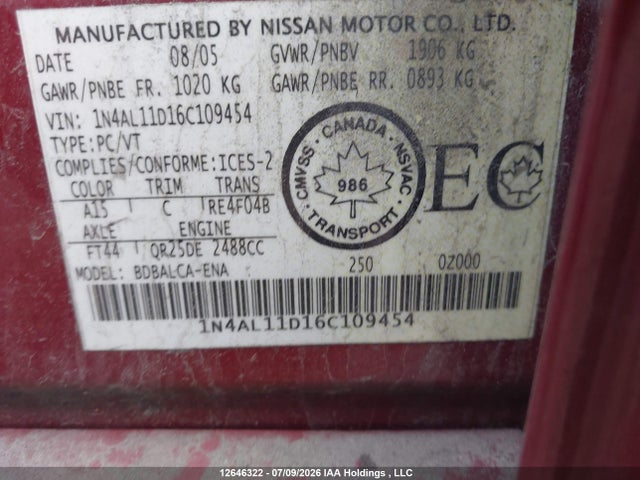Продажа на аукционе авто 2006 Nissan Altima, vin: 1N4AL11D16C109454, номер лота: 12646322