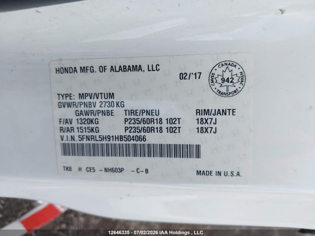 5FNRL5H91HB504066 Honda Odyssey Touring