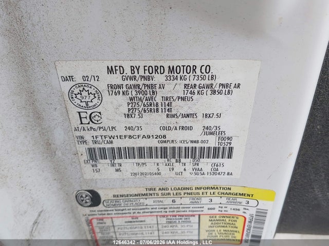 Aukcja sprzedaży 2012 Ford F-150 Fx4/king Ranch/lariat/platinum/xlt, vin: 1FTFW1EF8CFA91208, numer aukcji: 12646342