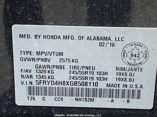 2016 Acura Mdx Elite მანქანა იყიდება აუქციონზე, vin: 5FRYD4H8XGB508110, აუქციონის ნომერი: 12646353