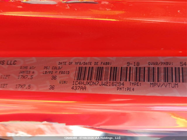 12646369 :رقم المزاد ، 1C4HJXDN7JW216294 vin ، 2018 Jeep Wrangler Unlimited Sport مزاد بيع