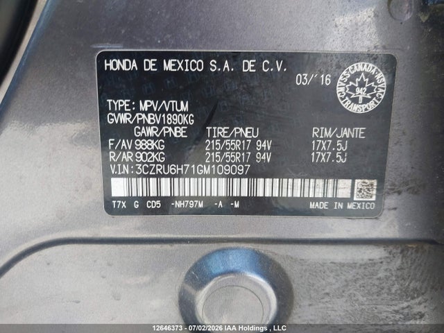 Honda Hr-v Exl 2016 3CZRU6H71GM109097 Image 9