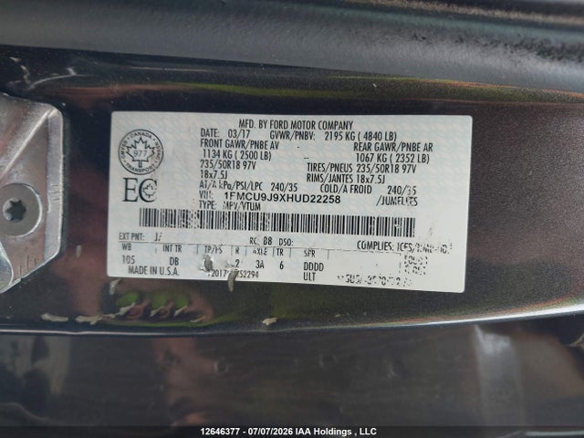 Продаж на аукціоні авто 2017 Ford Escape Titanium, vin: 1FMCU9J9XHUD22258, номер лоту: 12646377