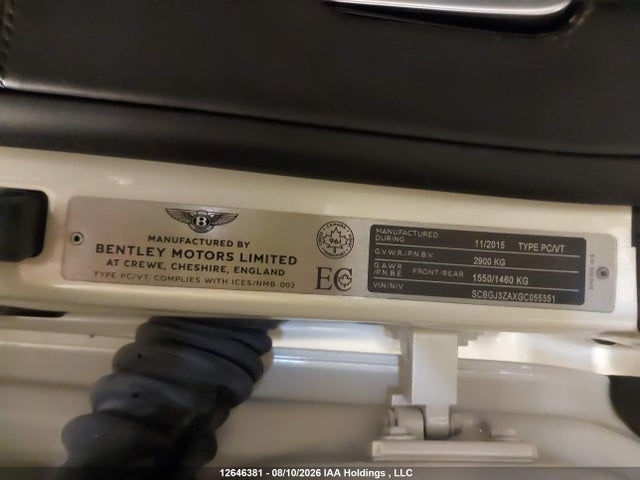 12646381 :رقم المزاد ، SCBGJ3ZAXGC055351 vin ، 2016 Bentley Continental Gtc Gtc مزاد بيع