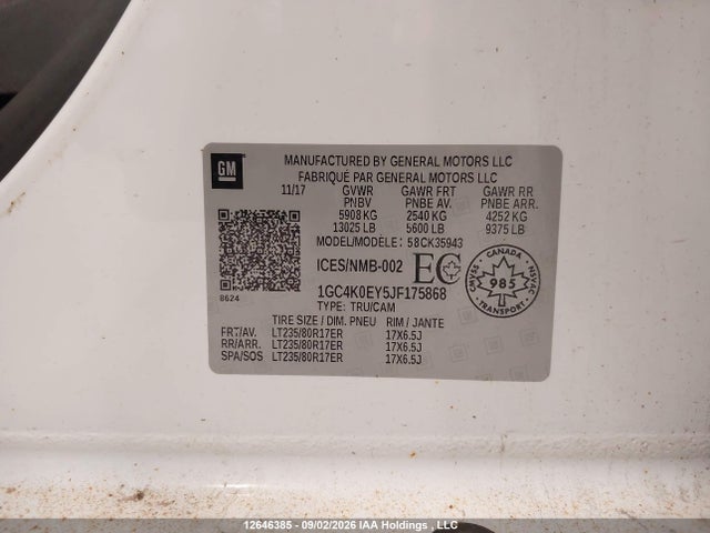2018 Chevrolet Silverado K3500 Ltz მანქანა იყიდება აუქციონზე, vin: 1GC4K0EY5JF175868, აუქციონის ნომერი: 12646385