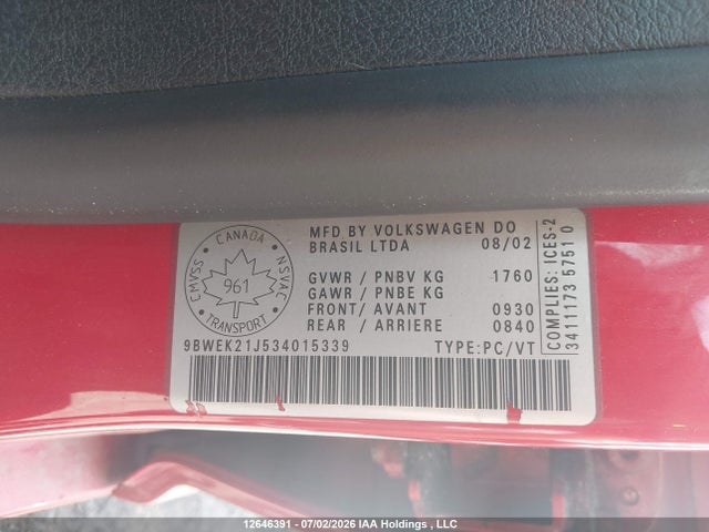 2003 Volkswagen Golf Cl მანქანა იყიდება აუქციონზე, vin: 9BWEK21J534015339, აუქციონის ნომერი: 12646391
