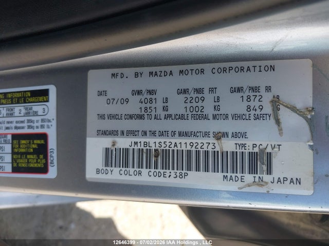 2010 Mazda Mazda3 Gt მანქანა იყიდება აუქციონზე, vin: JM1BL1S52A1192273, აუქციონის ნომერი: 12646399