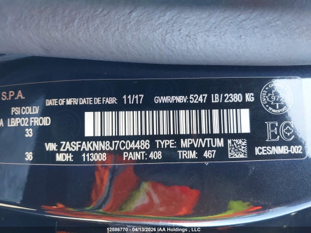 2018 Alfa Romeo Stelvio Ti Sport მანქანა იყიდება აუქციონზე, vin: ZASFAKNN8J7C04486, აუქციონის ნომერი: 12586770