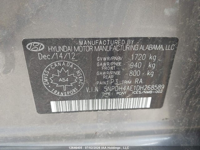 Продажа на аукционе авто 2013 Hyundai Elantra Gls/limited, vin: 5NPDH4AE1DH268589, номер лота: 12646405