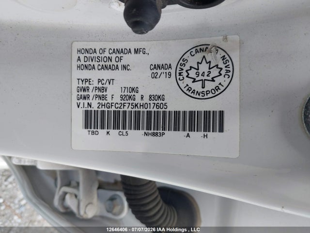 2019 Honda Civic Ex მანქანა იყიდება აუქციონზე, vin: 2HGFC2F75KH017605, აუქციონის ნომერი: 12646406