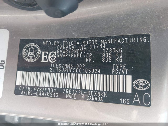 Toyota COROLLA LE 2014 2T1BURHE5EC105924 Image 9