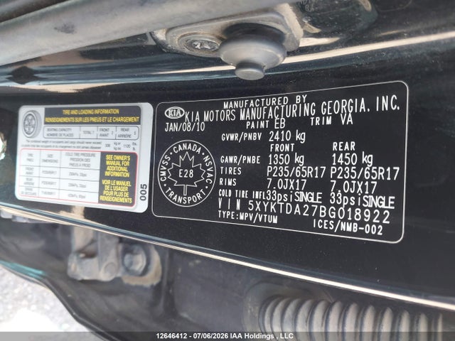 2011 Kia Sorento Lx V6 მანქანა იყიდება აუქციონზე, vin: 5XYKTDA27BG018922, აუქციონის ნომერი: 12646412