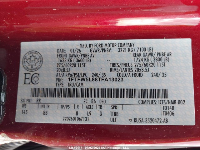 Aukcja sprzedaży 2026 Ford F-150 Lariat, vin: 1FTFW5L88TFA13023, numer aukcji: 12646417